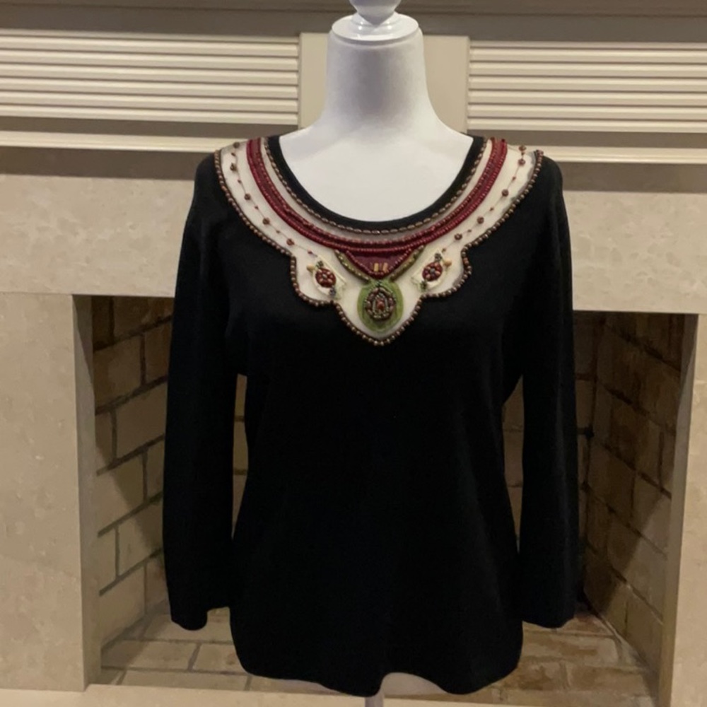 Elegant Black Silky Knit Embellished Women's Top